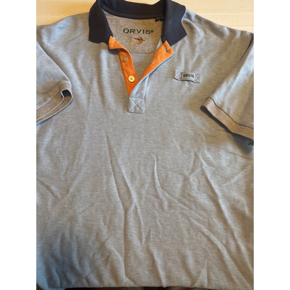 Orvis Polo Shirt Mens Medium‎ Blue Good Fly Fishing Lure Pique Short Sleeve